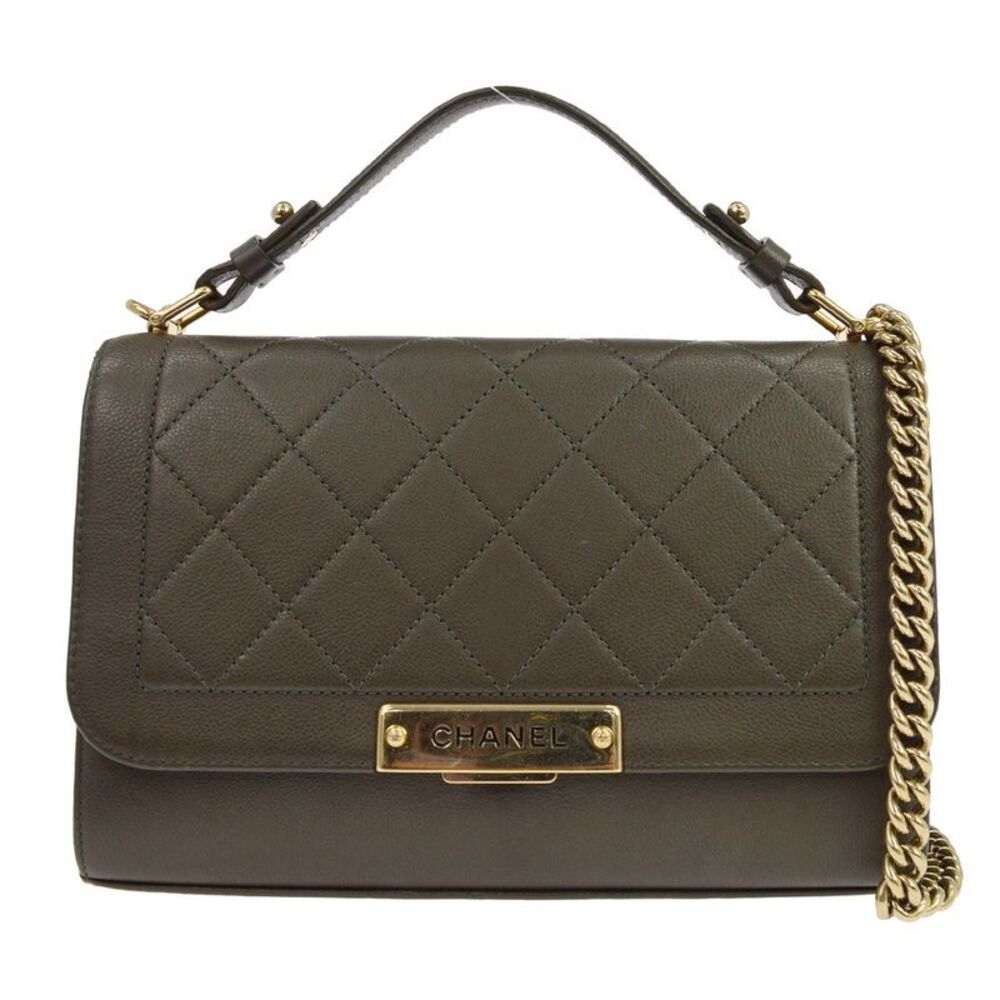 Chanel Label Click Flap Quilted Calfskin Green Leather Handbag
